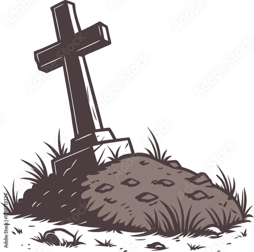 Christ's silhouette on a wooden cross against a blue sky, symbolizing faith and resurrection in a solemn graveyard