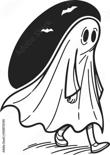 Funny cartoon shark and dog with a woman in a black dress, angel wings, and flowing hair, drawn as a vector art illustration