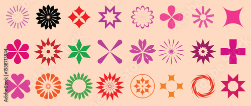 Set of brutal geometric playful flower star shapes. Brutalist basic figures. design elements.