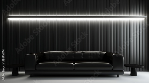 Monochrome interior with black leather sofa, all-white matte floor and ceiling, vertical black slats on wall, and underlight strip running along the baseboard .