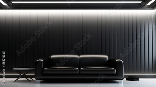 Monochrome interior with black leather sofa, all-white matte floor and ceiling, vertical black slats on wall, and underlight strip running along the baseboard .