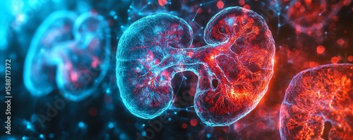 Chronic kidney disease effects on renal tissue, kidney pathology image, histopathology highlighting glomerular damage, tubule fibrosis, medical imaging of kidney degeneration