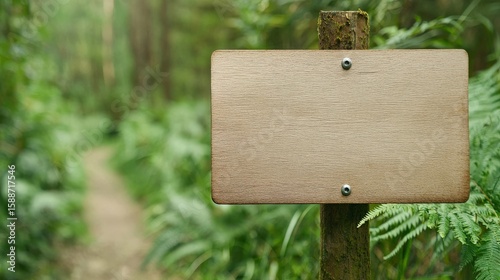 Empty wooden sign in focus with a blurred forest path behind, ideal for nature and conservation concepts