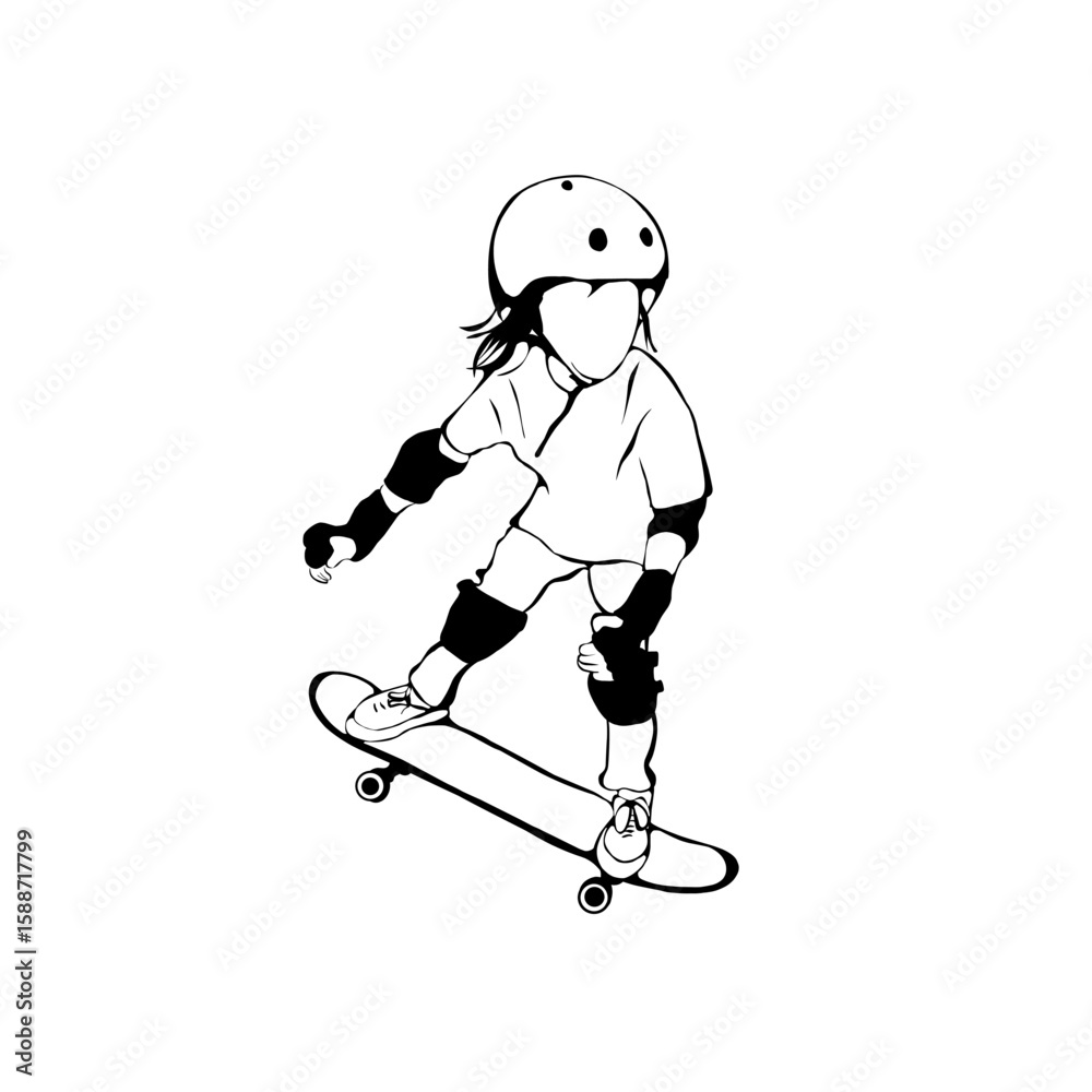 Fototapeta premium Sketch of boy skateboarder in full protection and helmet riding on skateboard, Hand drawn line art vector illustration isolated on white background. Vektor