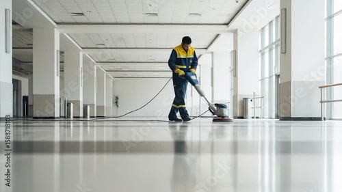 Janitor Polishing Floor in Modern Building with Reflective Surface
