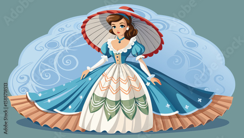 The Southern Belle gown from Georgia includes a wide hoop skirt, lace bodice, and parasol, ideal for a charming vector with classic American Southern grace and beauty.