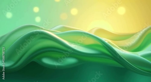 Elegant surreal animation of soft green and golden waves flowing like silk in the wind