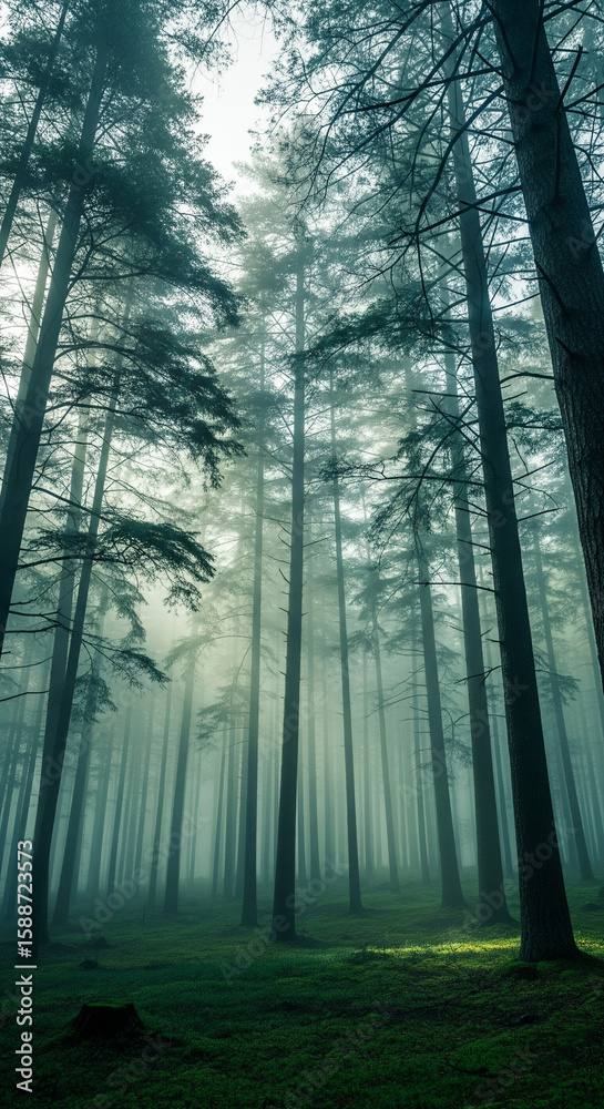 Fototapeta premium Towering pine trees shrouded in ethereal fog create mystical and serene atmosphere in dense forest, with sunlight filtering through the mist