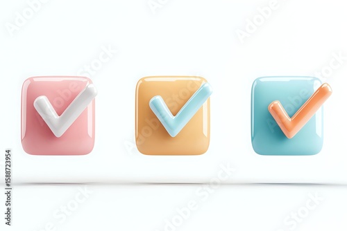 Colorful checkmark icons in soft pastel pink, orange and mint colors floating with shadows on white background, isolated design elements for digital projects. Free Download Colorful checkmark icons in soft pastel pink, orange and mint colors floating with shadows on white background, isolated design elements for digital projects. - GFXLoad