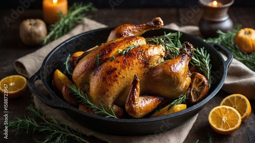 Roasted Chicken with Herbs Close-up for Thanksgiving or Holiday Dinner
