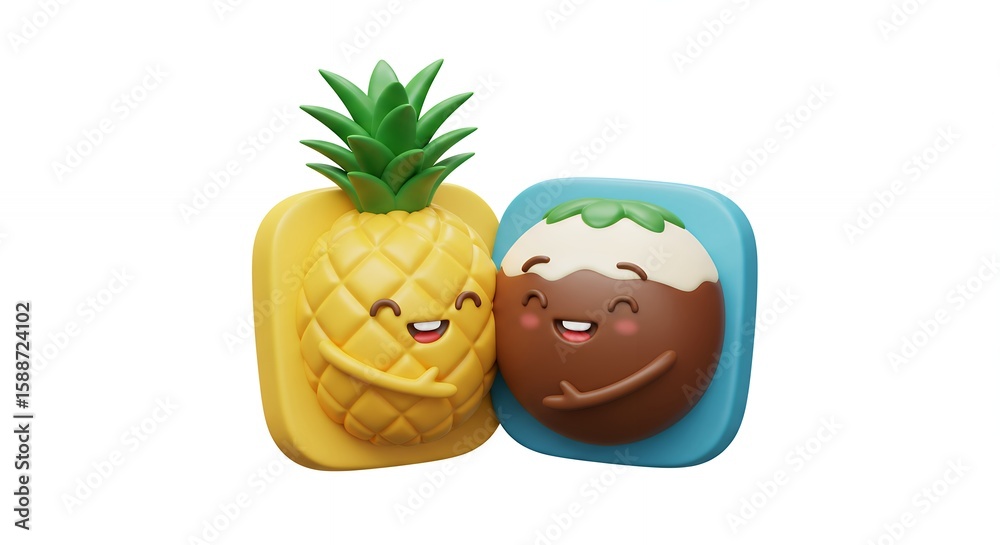 Fototapeta premium Cute cartoon pineapple and coconut ice cream