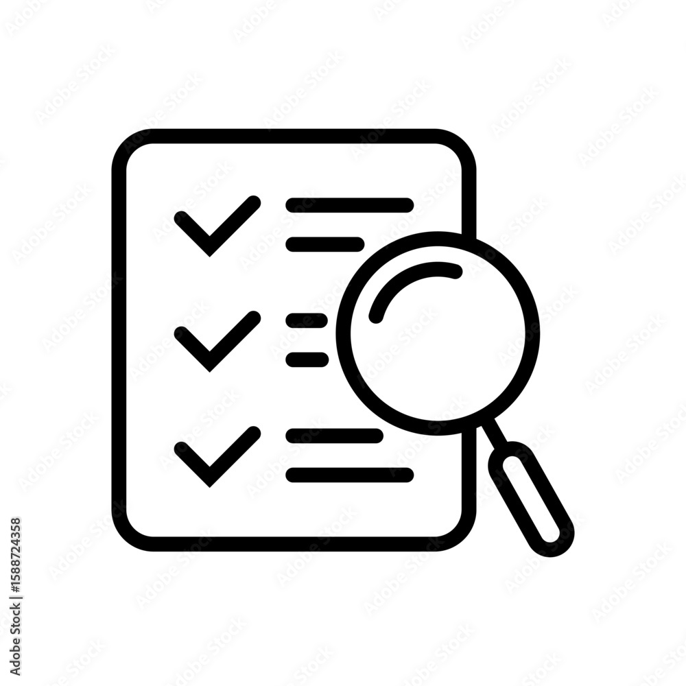 Checklist audit document with magnifying glass icon for verification and assessment process. Checklist audit document with magnifying glass icon for verification and assessment process.