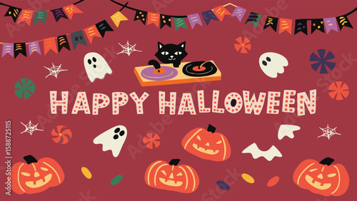Foto A festive halloween scene with pumpkins ghosts and a dj cat under a colorful ban