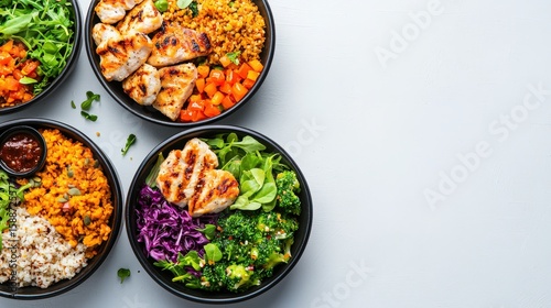 Vibrant fitness meal prep bowls offer a balanced nutrition with lean proteins, fresh greens, and whole grains, perfect for a healthy lifestyle