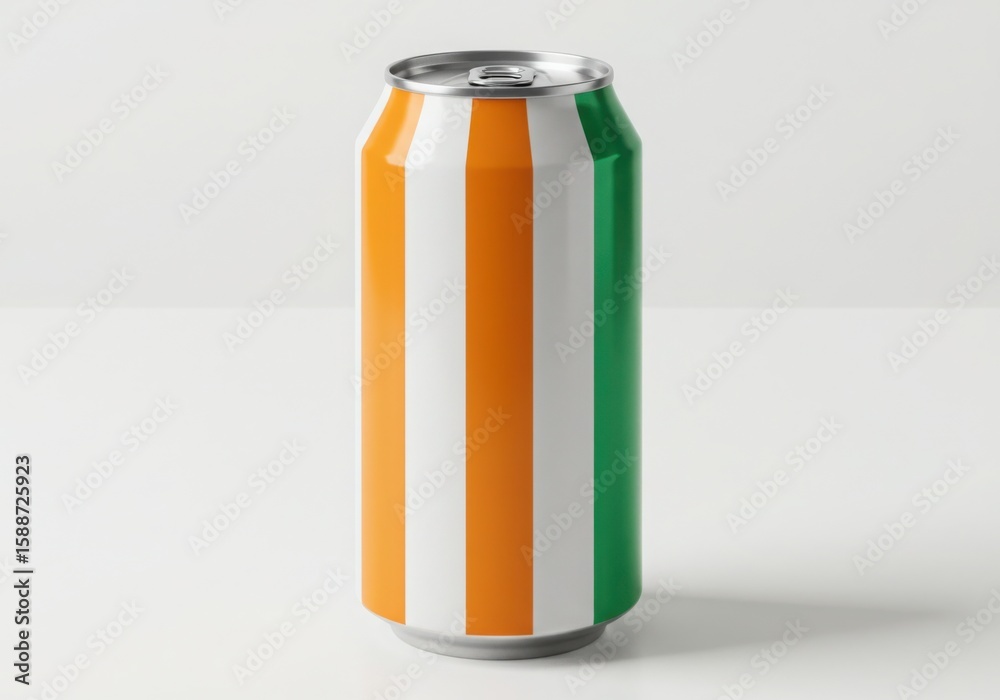 Fototapeta premium A tall aluminum can with vertical orange white and green stripes isolated on white background