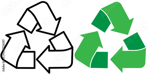 Product recycling icon in green and outlines, eco symbol for recycling paper, glass or plastics, isolated on a transparent background 