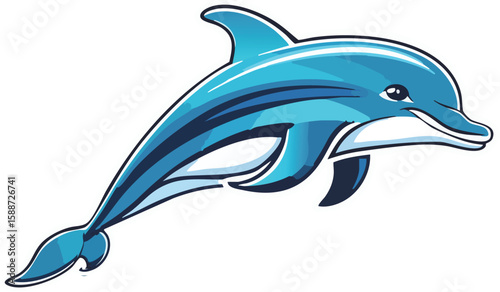 Dolphin's Graceful Leap: A sleek dolphin, captured mid-leap, glides effortlessly against a serene aquatic backdrop, embodying freedom and aquatic beauty.