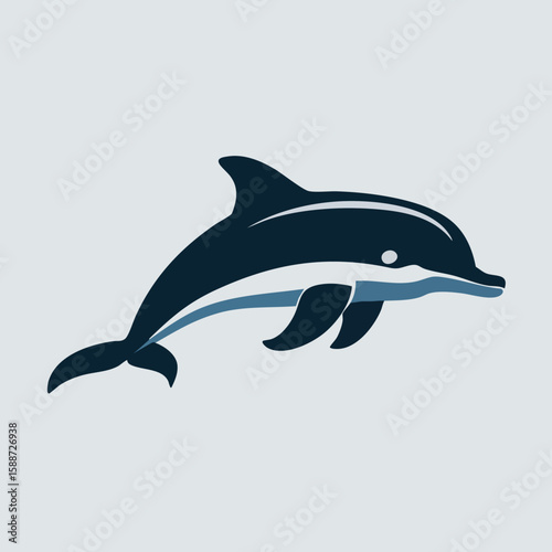 Dolphin's Graceful Leap: A sleek dolphin, captured mid-leap, glides effortlessly against a serene aquatic backdrop, embodying freedom and aquatic beauty.