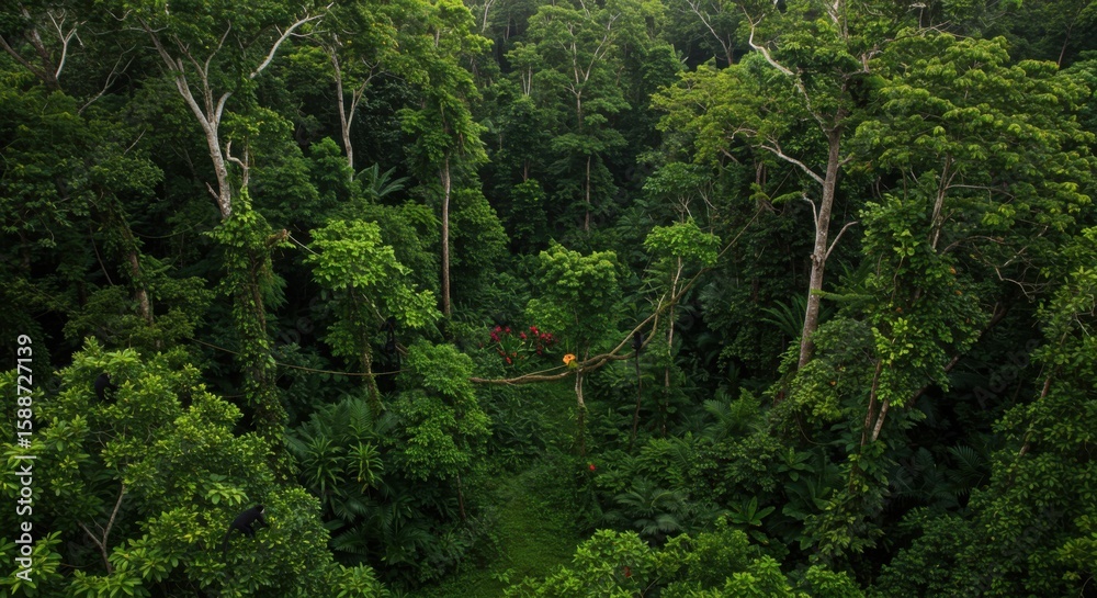 Obraz premium Lush green rainforest canopy stretches in dense layers, creating an immersive and natural landscape.