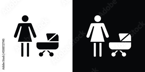 Woman with Baby Stroller icon black flat pictogram. For graphic and web design.