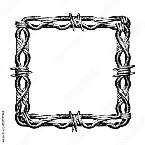 Square frame meticulously crafted from twisted barbed wire, evoking a sense of confinement or protection