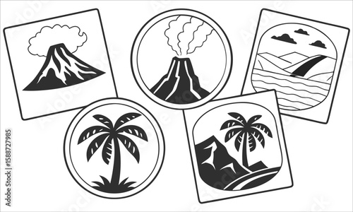 Tropical island and volcano travel stickers palm tree