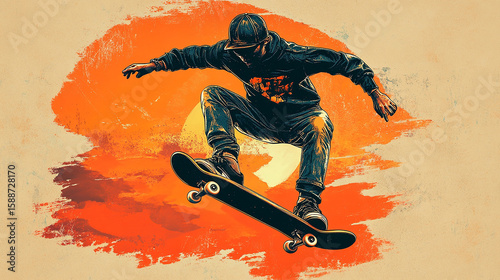 Skateboarder Performing Trick: A dynamic image of a skateboarder executing an impressive trick against a vivid sunset backdrop, showcasing the thrill of street style and athletic skill.