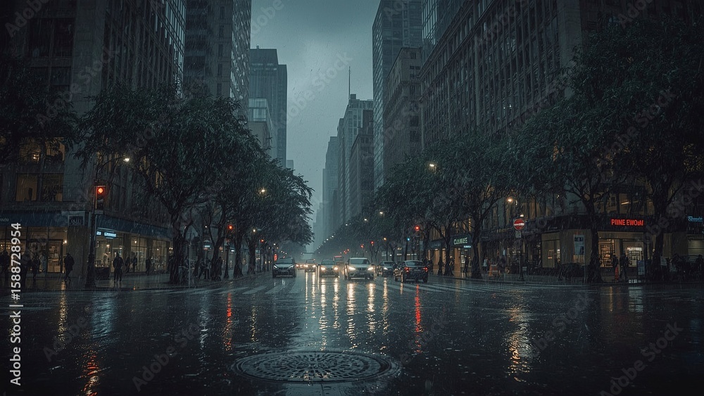 Fototapeta premium The City After the Rain in the Evening, Capturing Reflections, Wet Streets, and a Calm, Atmospheric Urban Landscape