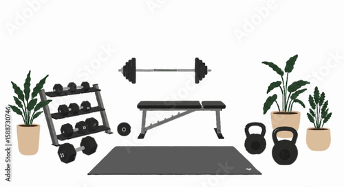 Home gym setup – weights, mat, plants vector plain white background