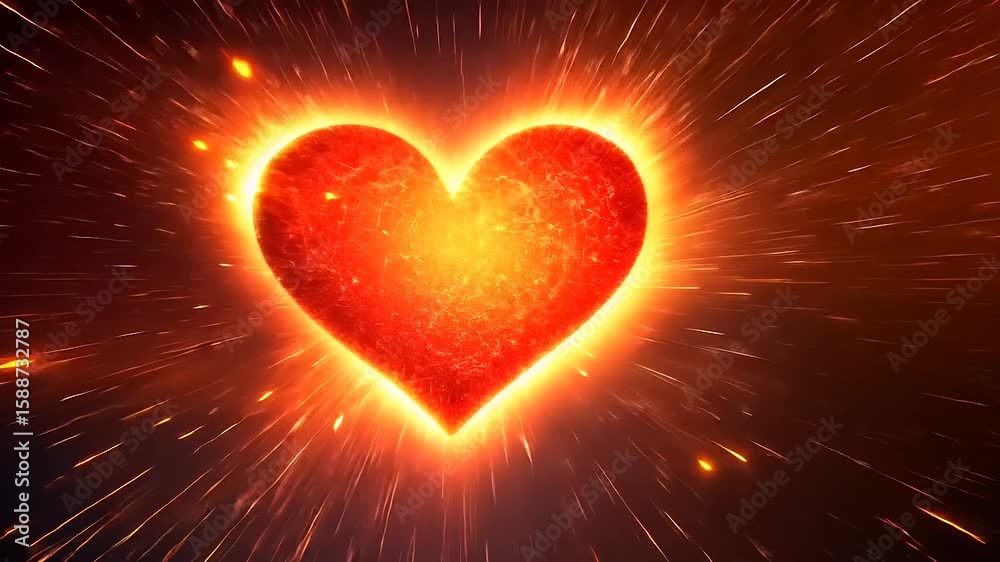 Vibrant heart-shaped explosion radiating warmth and energy, symbolizing love and passion in a cosmic backdrop