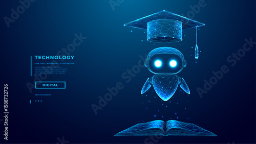 Abstract Hologram of AI Robot in Graduation Cap Fly Over Opened Book. AI Agent in Low Poly Wireframe on Technology Background. Artificial Intelligence Education Assistant Concept. Vector Illustration.
