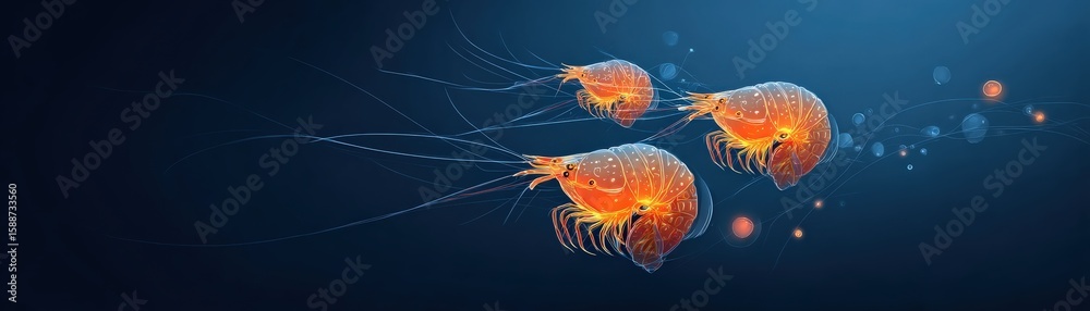 Fototapeta premium Three glowing orange krill swim in deep blue ocean water, surrounded by small bubbles and plankton, showcasing marine life.