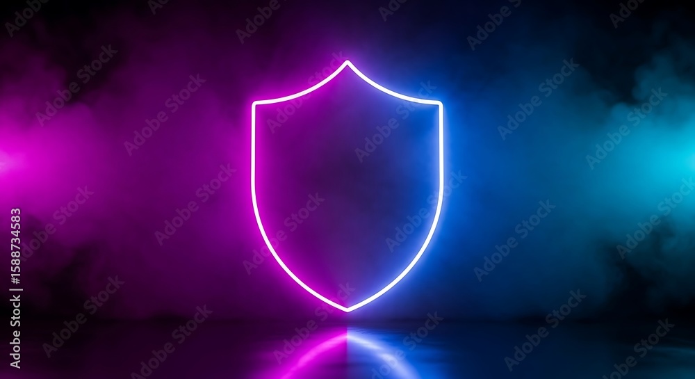 Fototapeta premium Glowing neon shield symbol surrounded by purple and blue smoke and fog