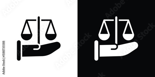 Justice scales in Hand icon black flat pictogram. For graphic and web design.