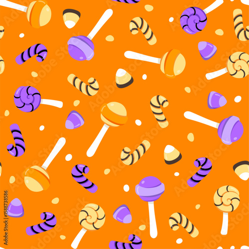 Halloween candies seamless pattern. Vector Halloween repeat print with candy corn, lollypop, sweets on orange background. Funny texture for fabric, decoration, wallpaper, wrapping paper, backdrop.