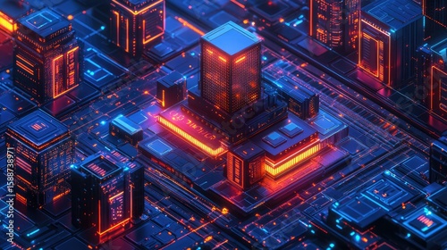 Containerized architecture diagram showing layered nodes, microservices blocks, and orchestration interfaces in a futuristic software environment layout 
