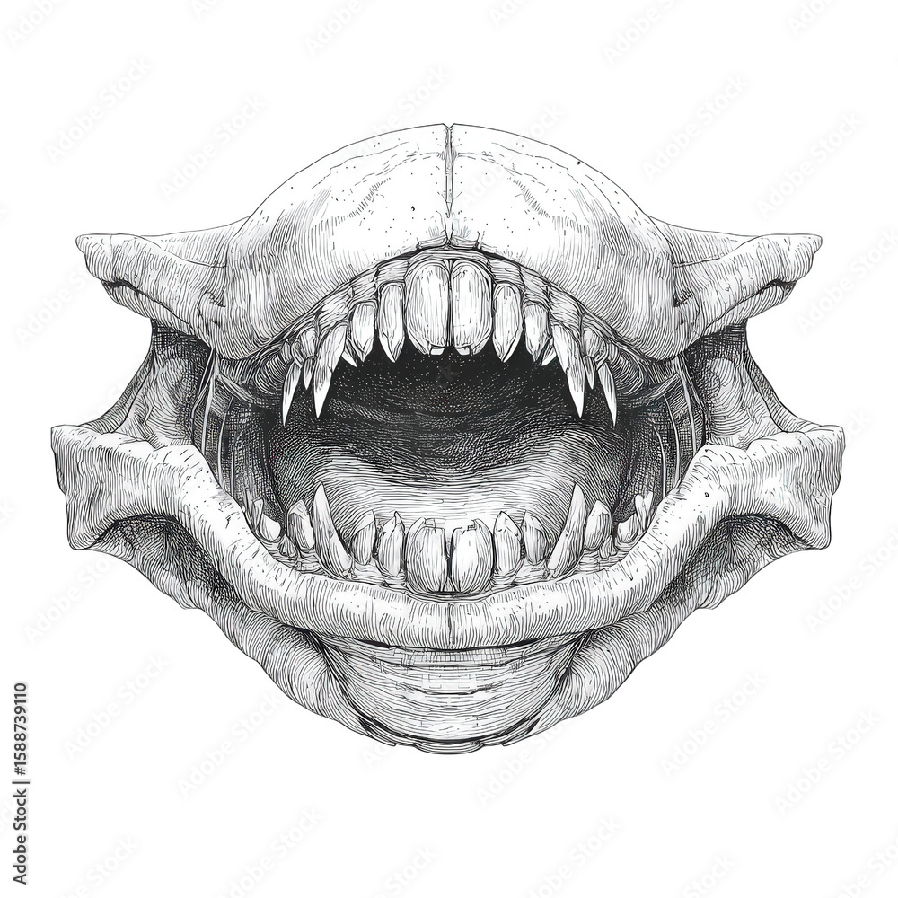 Fototapeta premium Monstrous Maw: A detailed pencil rendering captures the grotesque beauty of a creature's gaping maw, its rows of razor-sharp teeth poised in a silent threat.