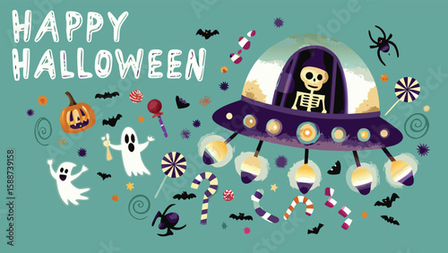 Happy halloween scene with ufo skeleton ghosts pumpkin bats spiders and assorted halloween candy treats