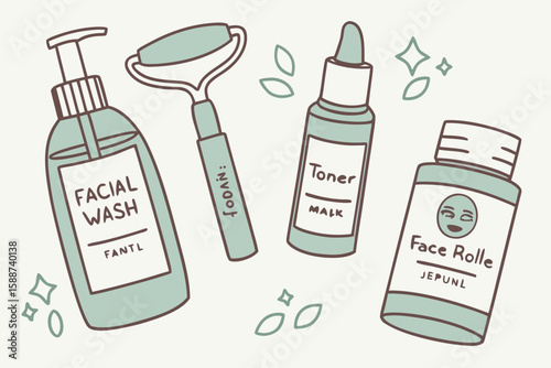 Illustration of facial wash, face roller, toner mask and face rolle skincare products set up together