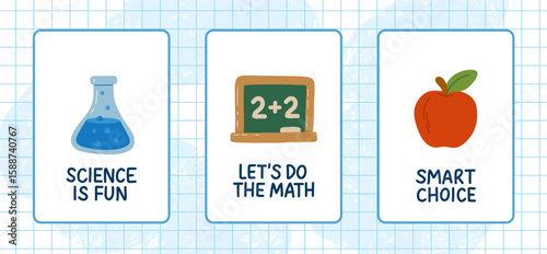 Vector preview with three school-themed cards Science is Fun, Lets Do the Math, and Smart Choice. Perfect for educational sets, posters, digital use, and themed content.