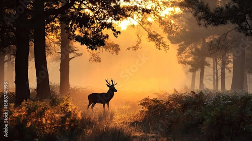 Silhouetted deer in golden sunrise forest