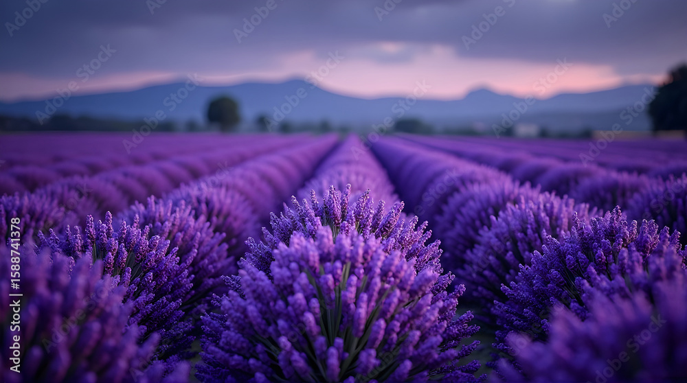 Obraz premium Lavender field stretches to distant mountains at dusk purple