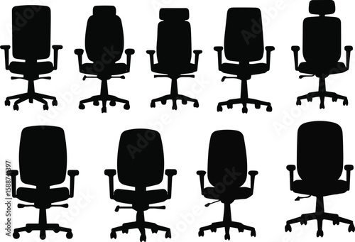 Isolated a kinds of deferent office chair. Vector art silhouette with white background..