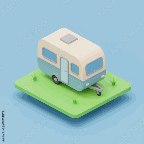 Isometric illustration of a vintage-style caravan on a small patch of grass, set against a light blue background.