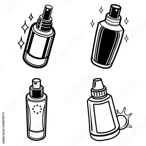 Four outlined bottles of various shapes and sizes with spray nozzles and decorative elements in black and white
