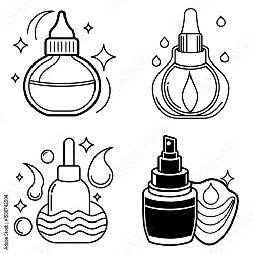 Illustration of four different cosmetic containers including dropper bottles and a spray bottle design set