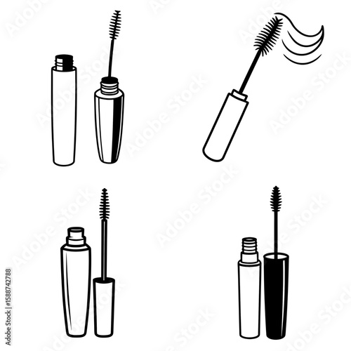 Four mascara tubes with wands in various positions in a black and white vector illustration style