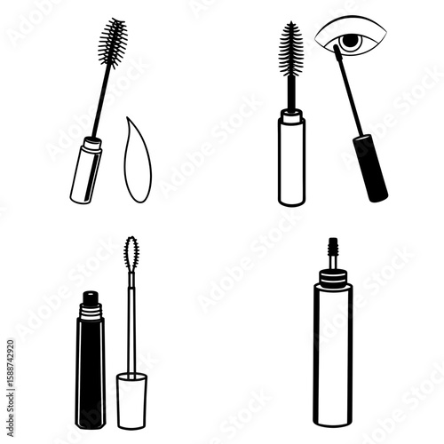Illustration of mascara wands and tubes in various arrangements on a white background beauty product