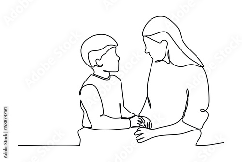 Continuous one line art of young mother talking with her son about goal and purpose of life at home, family life. Happy parenting concept.