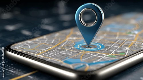 Smartphone with map application displaying floating location pin marker in augmented reality concept	
